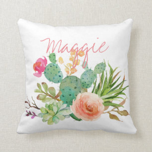 シック水色フローラ、サボテパーソナライズされたン クッション