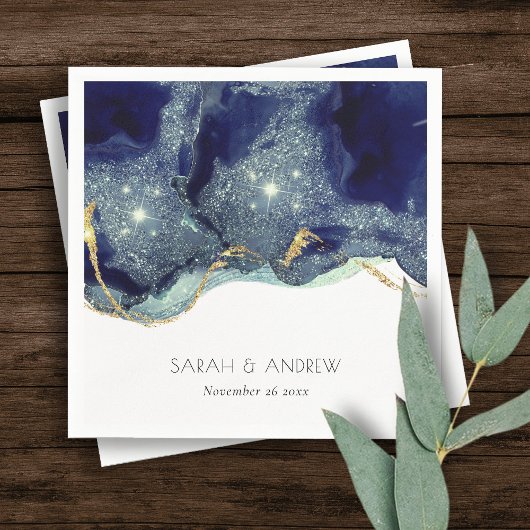 シック流体抽象芸術インク金ゴールドネイビーグリッター結婚ズ スタンダードカクテルナプキン