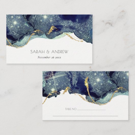 シック流体抽象芸術インク金ゴールドネイビーグリッター結婚ズ プレイスカード (正面/裏面)