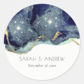 シック流体抽象芸術インク金ゴールドネイビーグリッター結婚ズ ラウンドシール (正面)