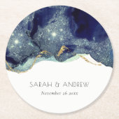 シック流体抽象芸術インク金ゴールドネイビーグリッター結婚ズ ラウンドペーパーコースター (正面)