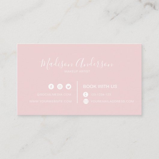 シック淡い色のなピンクと白のメイクアップアーティスト 名刺 (裏面)