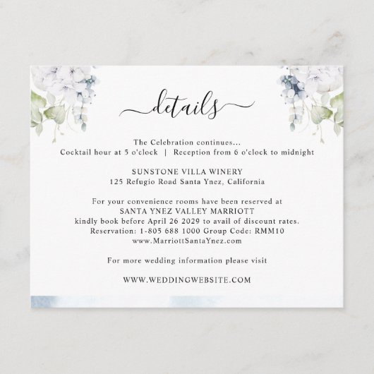 シック淡い色のブルーウォーター色、フローラ結婚の詳細 エンクロージャーカード (正面)