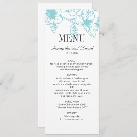 シック淡い色のブルーマグノリア花結婚のディナー 招待状 (正面/裏面)