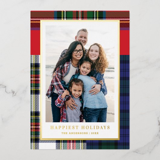 シック混合タータンチェック+金ゴールドクリスマスフォト 箔シーズンカード (正面)