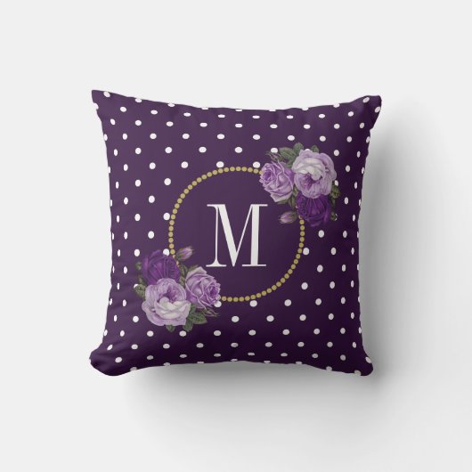 シック王室のパープルヴィンテージ花ドットモノグラム クッション (正面)