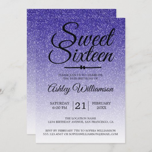 シック王室のブルーグリッターグラデーションスウィート16誕生日 招待状 (正面/裏面)
