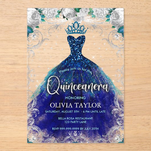 シック王室のブルーティール（緑がかった色）ドレスフローラキンセアニェラ アクリル招待状 (正面)