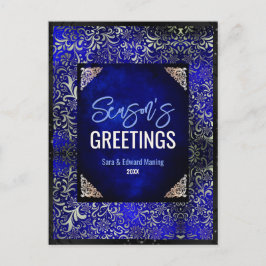 シック王室のブルーフローラグリッタークリスマス新年 ポストカード