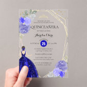 シック王室のブルーフローラ幾何学的クインセアニラ アクリル招待状 (インサイチュ (ポータブル))