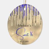 シック王室のブルー金ゴールドグリッタードリップスウィート16 セラミックオーナメント (左)