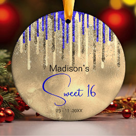 シック王室のブルー金ゴールドグリッタードリップスウィート16 セラミックオーナメント
