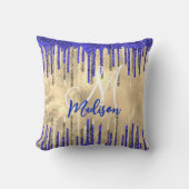 シック王室のブルー金ゴールドグリッタードリップモノグラム クッション (正面)