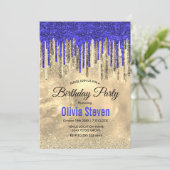 シック王室のブルー金ゴールドグリッタードリップモノグラム 招待状 (スタンド正面)