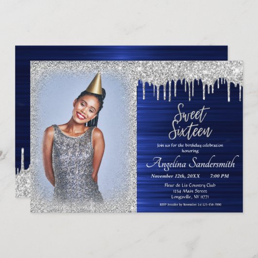 シック甘い16シルバーブルーグリッタースパークレス 招待状 (正面/裏面)