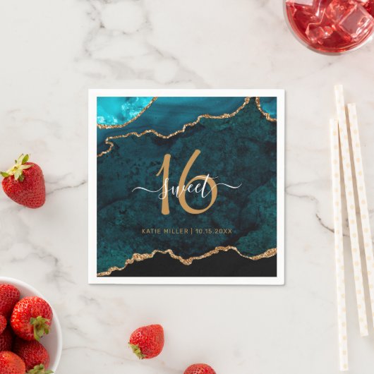 シック甘い16ティール（緑がかった色）金ゴールドアゲート名前をカスタムするパーティー スタンダードカクテルナプキン (インサイチュ)