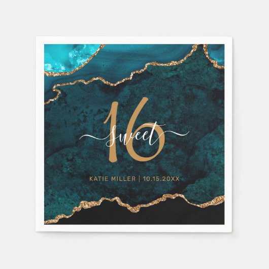 シック甘い16ティール（緑がかった色）金ゴールドアゲート名前をカスタムするパーティー スタンダードカクテルナプキン (正面)
