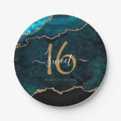 シック甘い16ティール（緑がかった色）金ゴールドグリッターアゲートパーティー ペーパープレート (正面)