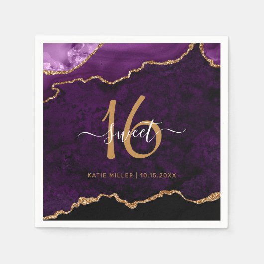 シック甘い16パープル金ゴールドアゲート名前をカスタムするパーティー スタンダードカクテルナプキン (正面)