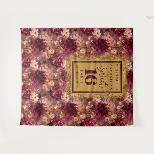 シック甘い16赤面ブルゴーニュ金ゴールドデコールバナー タペストリー (正面(横))