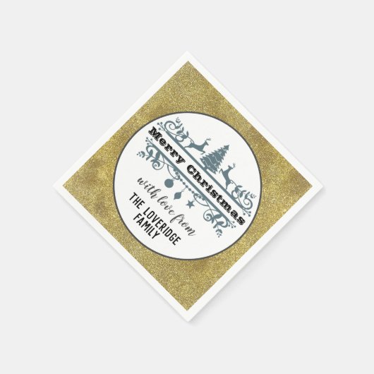 シック白黒グレーメリークリスマス金ゴールドグリッター スタンダードカクテルナプキン (角)