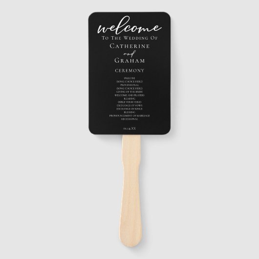 シック白黒スクリプト結婚式 プログラム ハンドファン (正面)