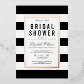 シック白黒ストライプのブライダルシャワーバラ金ゴールド 箔招待状 (正面)