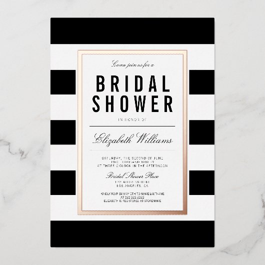 シック白黒ストライプのブライダルシャワーバラ金ゴールド 箔招待状 (正面)