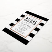 シック白黒ストライプのブライダルシャワーバラ金ゴールド 箔招待状 (回転した状態)