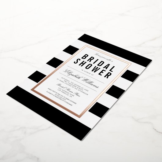 シック白黒ストライプのブライダルシャワーバラ金ゴールド 箔招待状 (回転した状態)