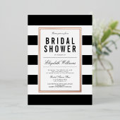 シック白黒ストライプのブライダルシャワーバラ金ゴールド 箔招待状 (立ち正面)