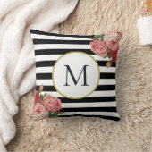 シック白黒ストライプのレトロフローラモノグラム クッション (ブランケット)