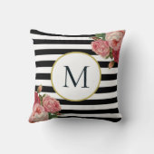 シック白黒ストライプのレトロフローラモノグラム クッション (裏面)