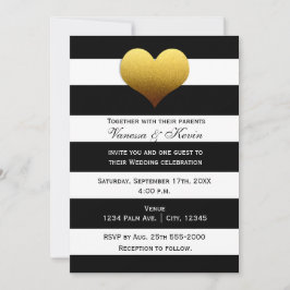 シック白黒ストライプの金ゴールドハート招待状 招待状