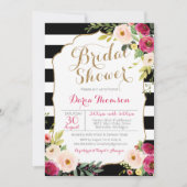 シック白黒ストライプピンクフローラブライダルシャワー 招待状 (正面)