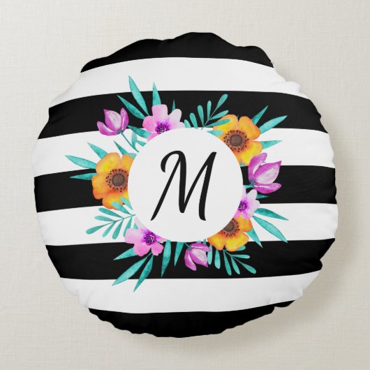 シック白黒ストライプフローラカスタムモノグラム ラウンドクッション (裏面)