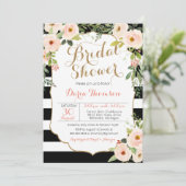 シック白黒ストライプ赤面フローラブライダルシャワー 招待状 (スタンド正面)
