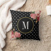 シック白黒ドットヴィンテージフローラモノグラム クッション (ブランケット)