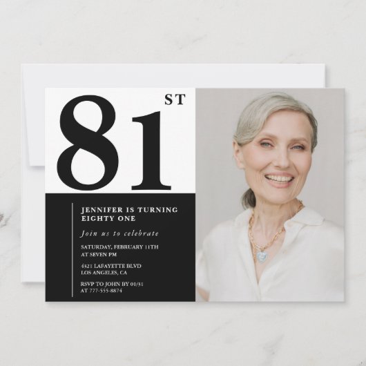 シック白黒フォト81誕生日 招待状 (正面)