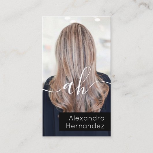 シック白黒ヘアメイクアップフォトイニシャルQrコード 名刺 (正面)