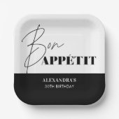 シック白黒ボンアペティットスクリプト誕生日 ペーパープレート (正面)