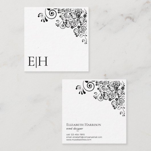 シック白黒モノグラムフローラスクロール スクエア名刺 (正面/裏面)