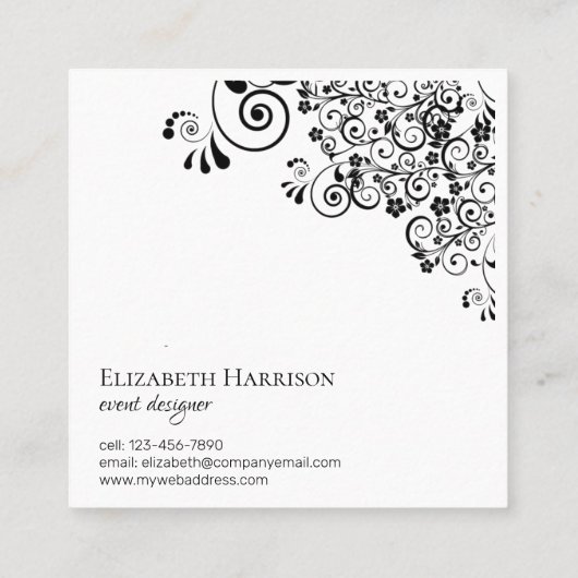 シック白黒モノグラムフローラスクロール スクエア名刺 (裏面)