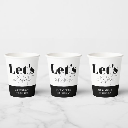 シック白黒レッツ祝誕生日 紙コップ (複数)
