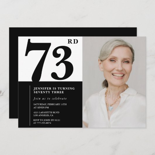 シック白黒写真73位誕生日 招待状 (正面/裏面)