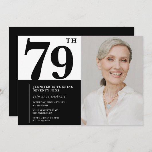 シック白黒写真79誕生日 招待状 (正面/裏面)