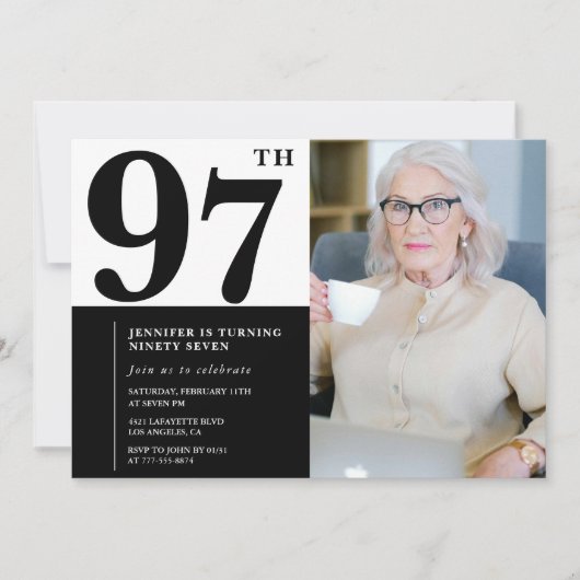 シック白黒写真97誕生日 招待状 (正面)