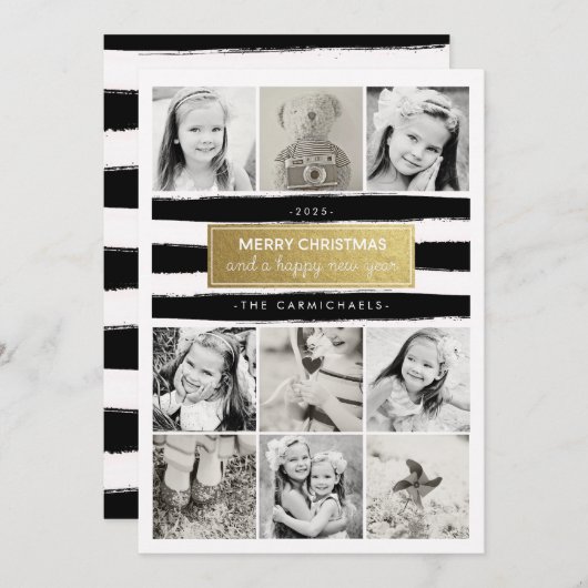 シック白黒金ゴールドフォトコラージュホリデイズカード シーズンカード (正面/裏面)