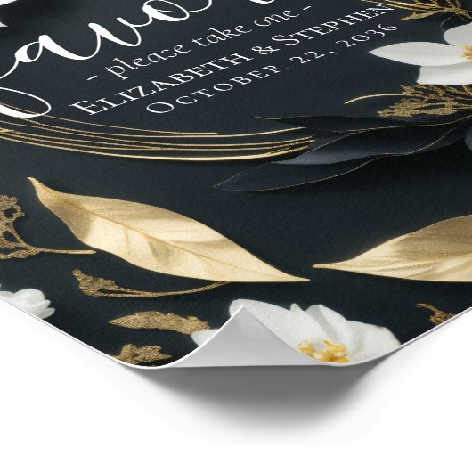 シック白黒金ゴールドフローラリース結婚式の引き出物 ポスター (角)