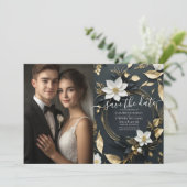 シック白黒金ゴールドフローラ結婚リースの写真 セーブザデート (スタンド正面)